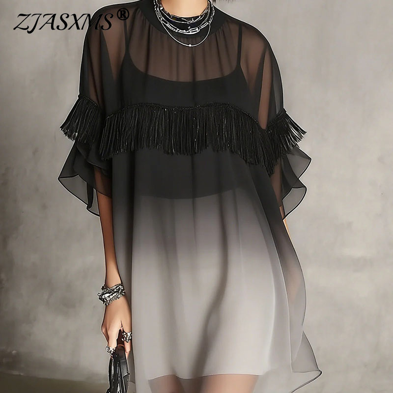 Tassel Fringe Trim - Women Gradient Mesh Cover Up Mini