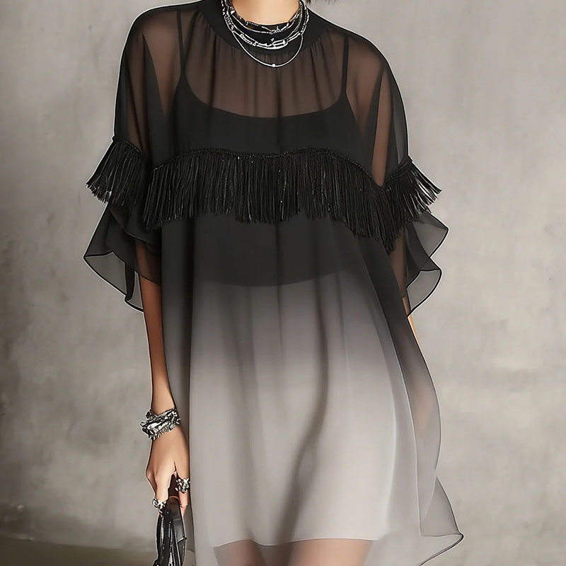 Women Gradient Mesh Cover Up M - Tassel Fringe Trim recension och pris