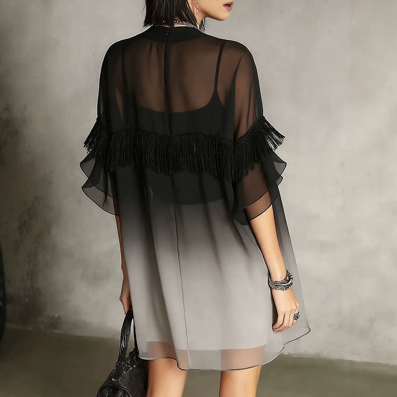 Women Gradient Mesh Cover Up M - Tassel Fringe Trim recension och pris